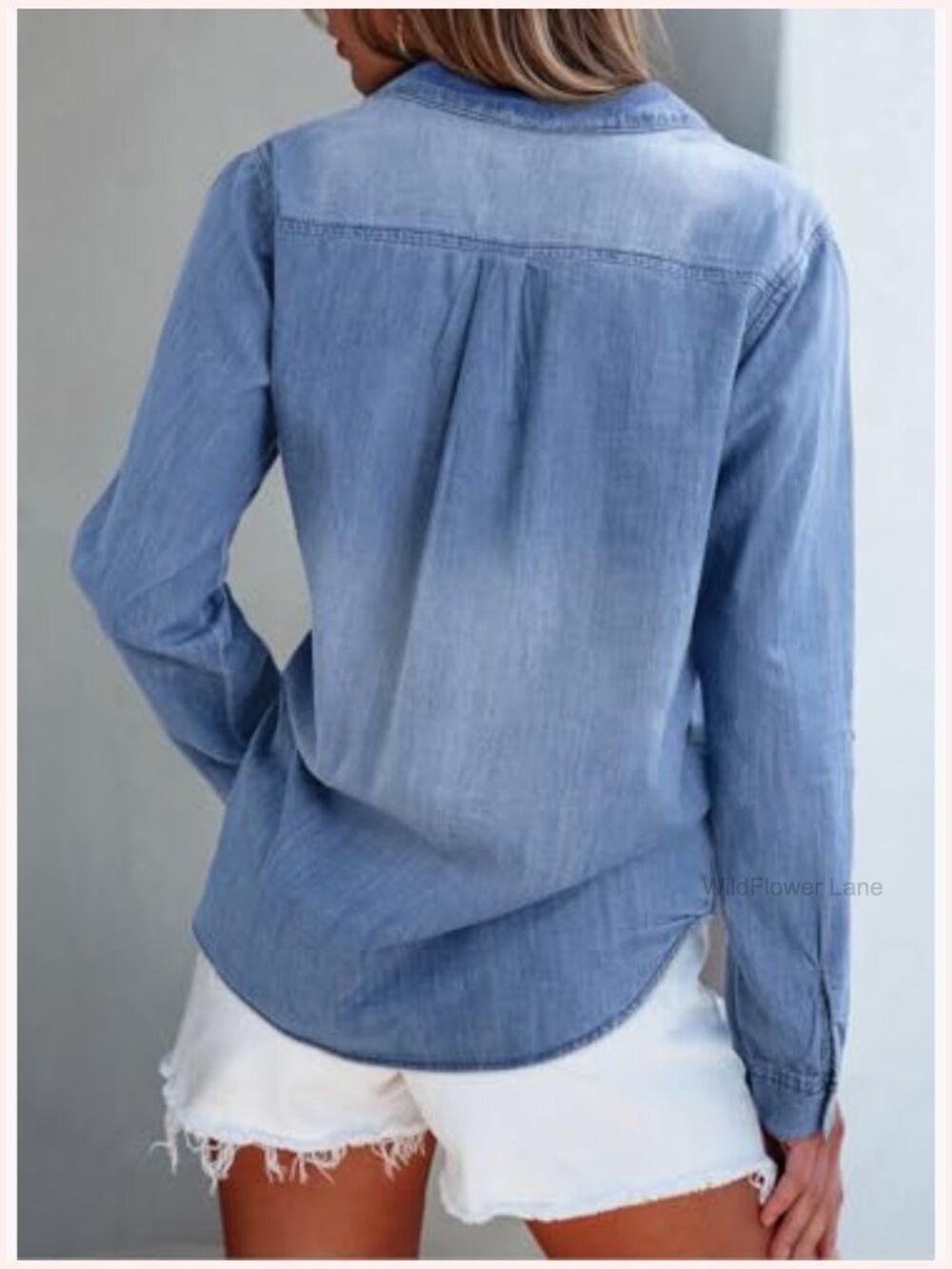 Women's Long Sleeve Button Down Denim Shirt - Classic Jean Top - Picture 2 of 7